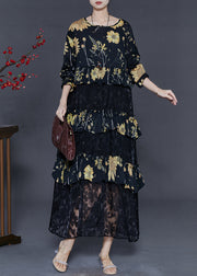 Women Black Print Patchwork Lace Vacation Dresses Fall