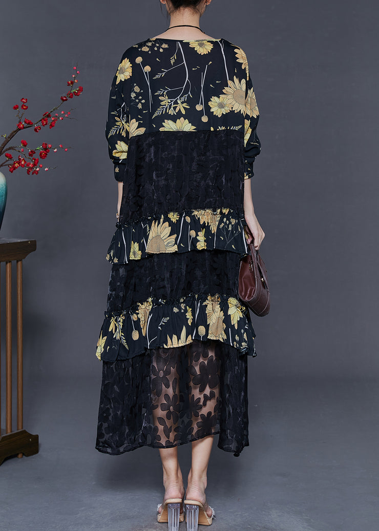 Women Black Print Patchwork Lace Vacation Dresses Fall