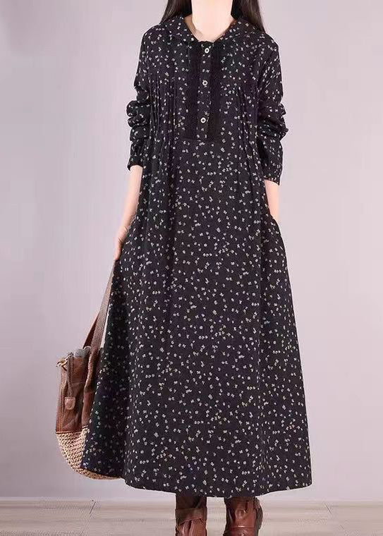 Women Black Print Pockets Wrinkled Patchwork Cotton Long Dresses Fall