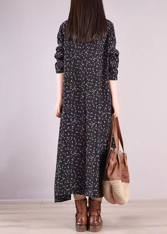 Women Black Print Pockets Wrinkled Patchwork Cotton Long Dresses Fall