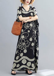 Women Black Print V Neck Batwing Sleeve Robe Spring Dress