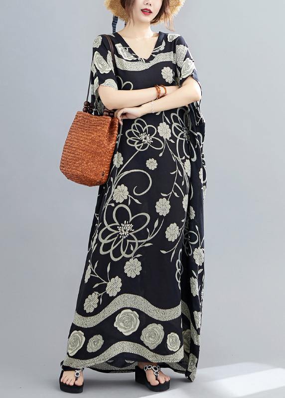 Women Black Print V Neck Batwing Sleeve Robe Spring Dress