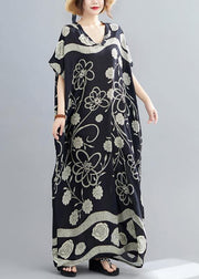 Women Black Print V Neck Batwing Sleeve Robe Spring Dress