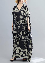 Women Black Print V Neck Batwing Sleeve Robe Spring Dress