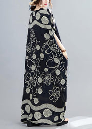 Women Black Print V Neck Batwing Sleeve Robe Spring Dress