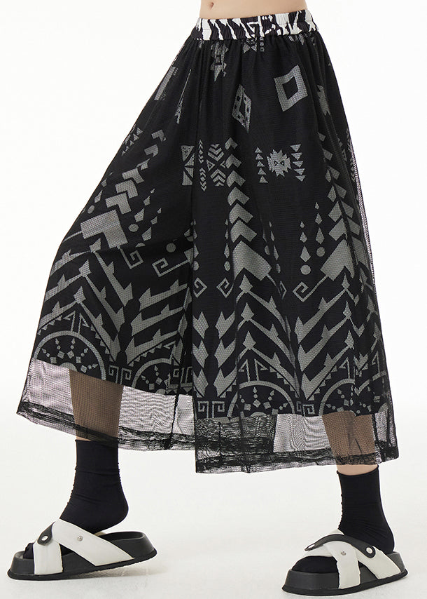 Women Black Print Tulle Crop Pants Fall