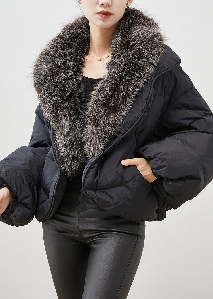 Women Black Rabbit Hair Collar Warm Duck Down Puffer Jacket Winter