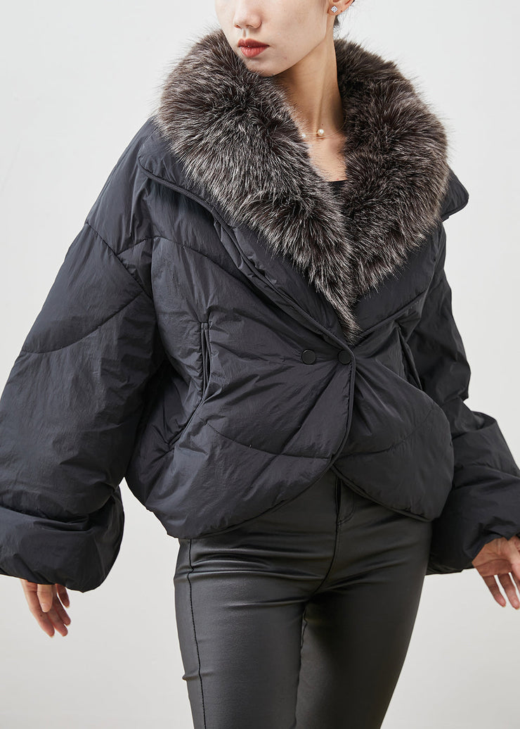 Women Black Rabbit Hair Collar Warm Duck Down Puffer Jacket Winter