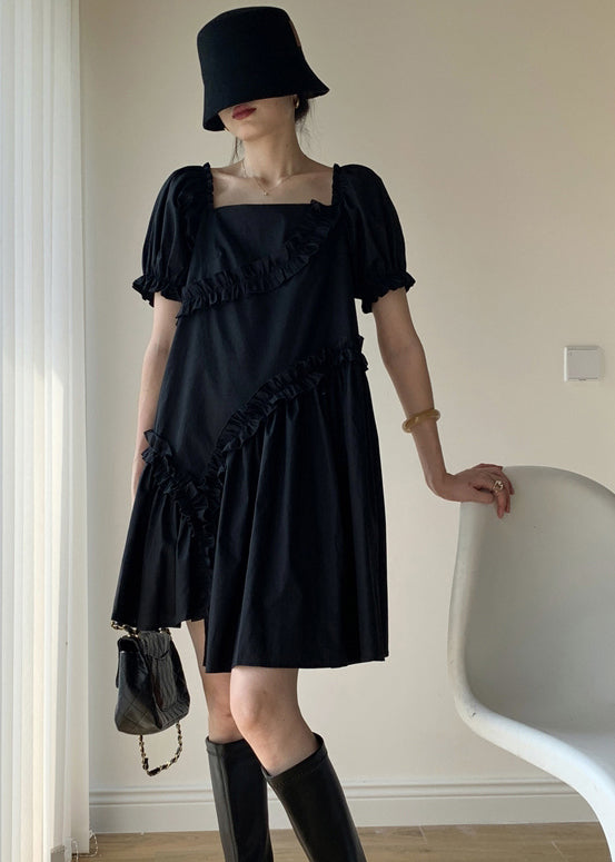 Women Black Ruffled Asymmetrical Patchwork Cotton Dresses Puff Sleeve