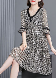 Women Black Ruffled Patchwork Print Exra Large Hem Chiffon Dresses Half Sleeve