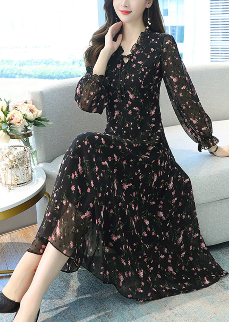 Women Black Ruffled Print Chiffon Long Dress Spring