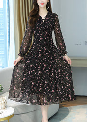 Women Black Ruffled Print Chiffon Long Dress Spring