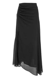 Women Black Ruffled Side Open Patchwork Chiffon Skirt Summer