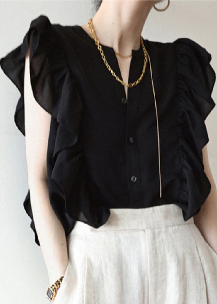 Women Black Ruffled Solid Button Silk Vest Sleeveless