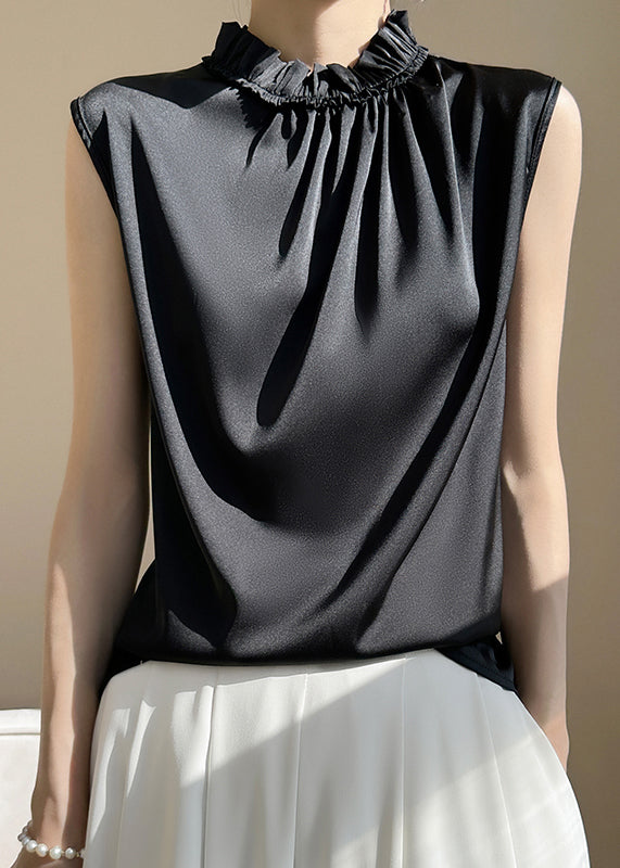 Women Black Ruffled Solid Silk Tank Sleeveless