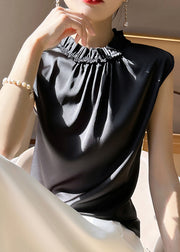 Women Black Ruffled Solid Silk Tank Sleeveless