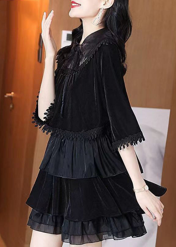 Women Black Ruffled Tasseled Patchwork Velour Mid Dress Fall