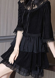 Women Black Ruffled Tasseled Patchwork Velour Mid Dress Fall