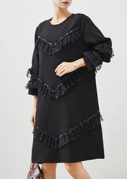 Women Black Ruffles Patchwork Cotton Sweatshirts Dress Spring