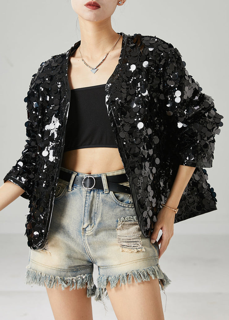 Women Black Sequins Oversized Coat Spring