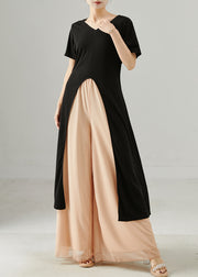 Women Black Side Open Long Tops And Chiffon Straight Pants Two Piece Set Summer