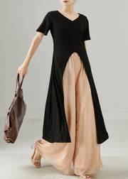 Women Black Side Open Long Tops And Chiffon Straight Pants Two Piece Set Summer