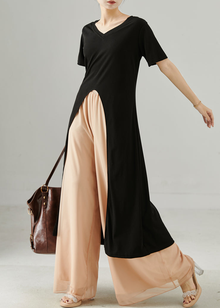 Women Black Side Open Long Tops And Chiffon Straight Pants Two Piece Set Summer