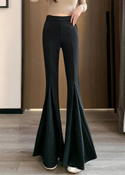 Women Black Solid Elastic Waist Spandex Flared Trousers Spring