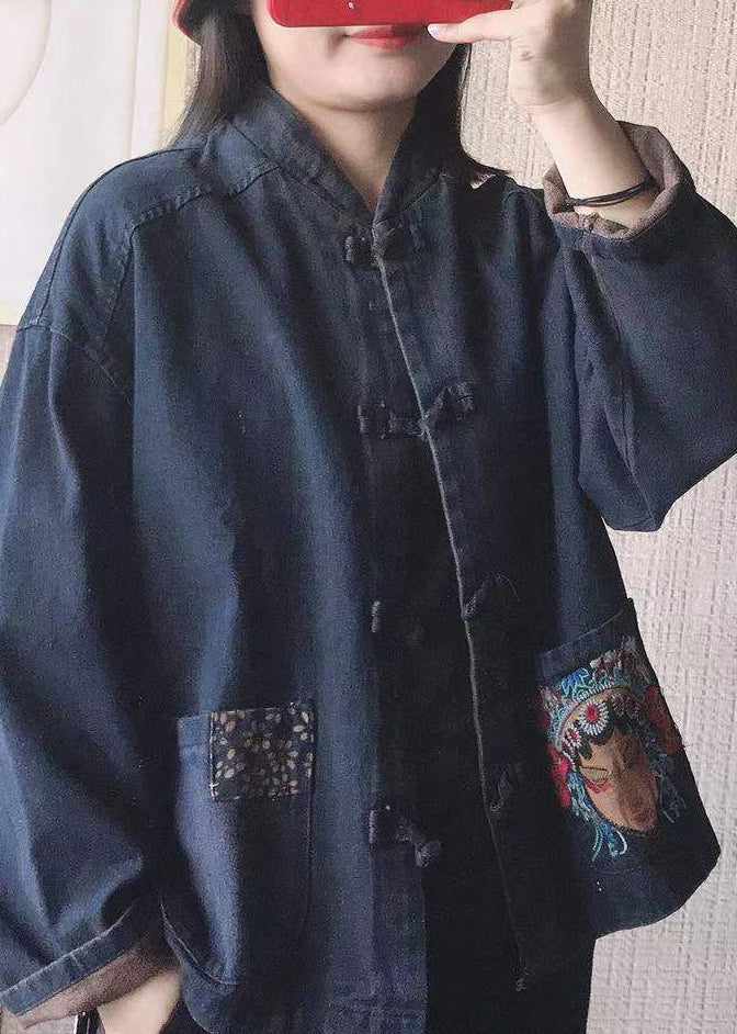 Women Black Stand Collar Embroideried Button Pockets Cotton Denim Coats Long Sleeve