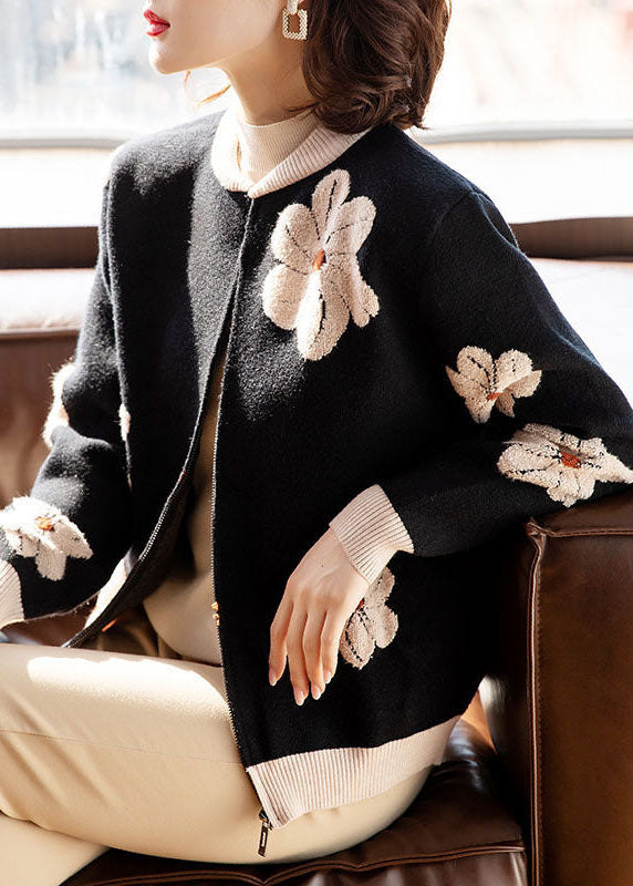 Women Black Stand Collar Embroideried Floral Woolen Coats Long Sleeve