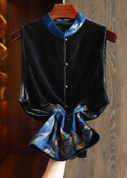 Women Black Stand Collar Embroidered Patchwork Silk Velour Waistcoat Sleeveless