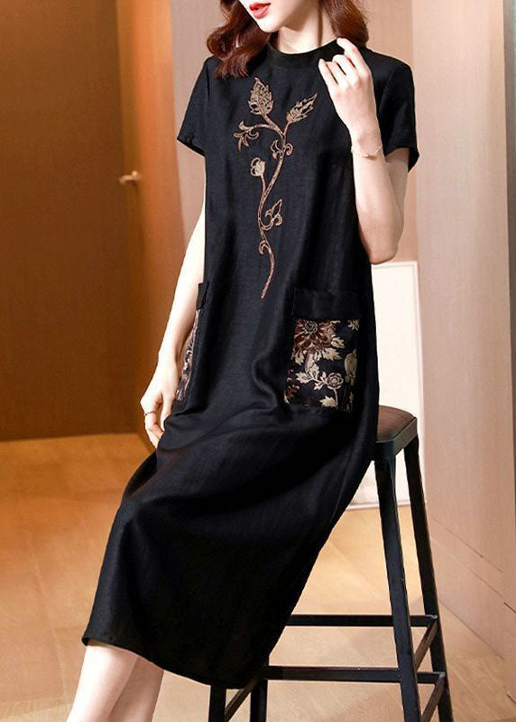 Women Black Stand Collar Embroideried Pockets Silk Dresses Summer