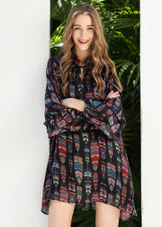 Women Black Stand Collar Lace Up Print Chiffon Dress Butterfly Sleeve