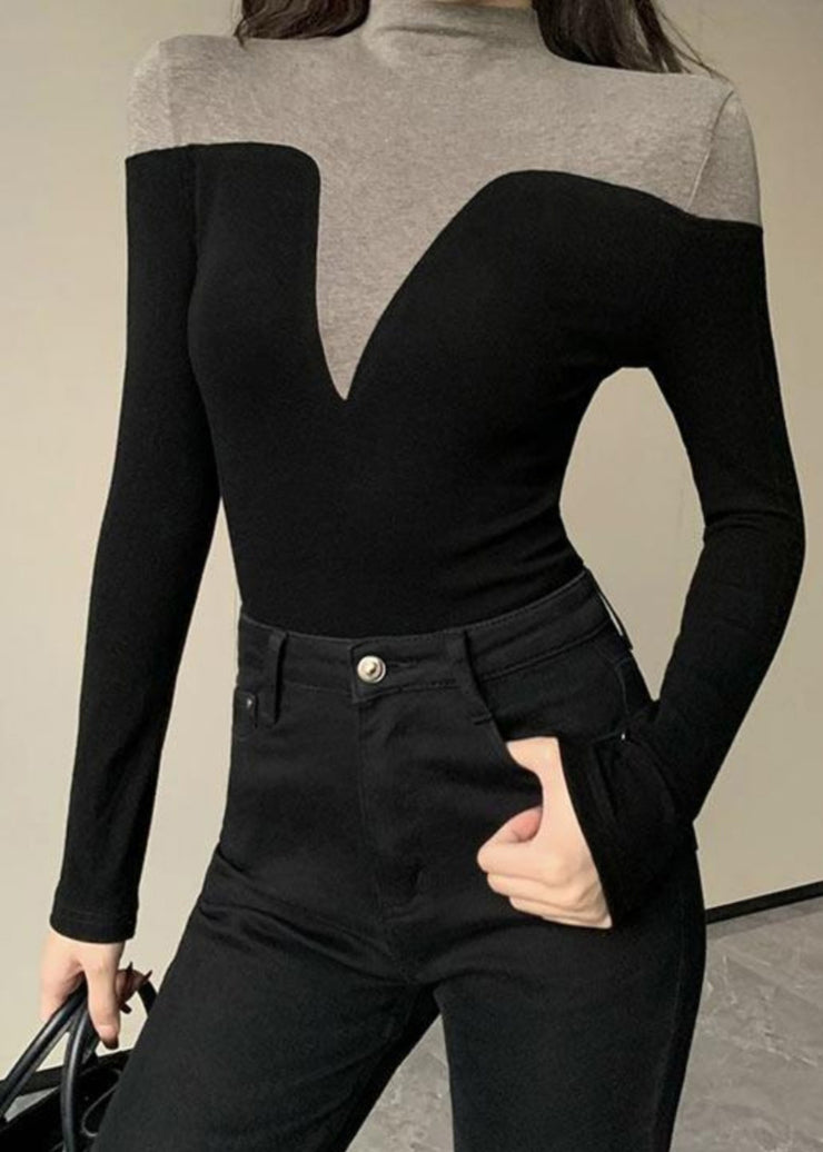 Women Black Stand Collar Patchwork Cotton Tops Spring