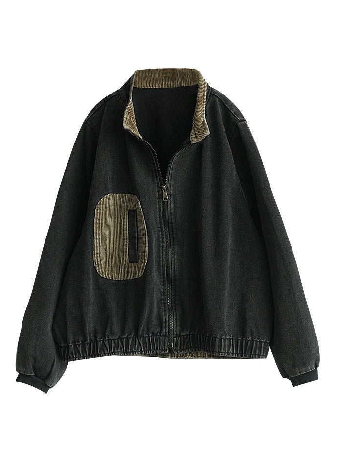 Women Black Stand Collar Patchwork Denim Coats Long Sleeve