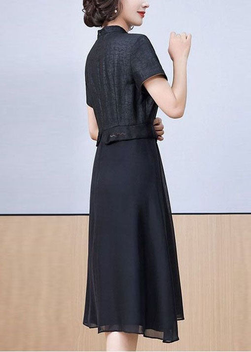 Women Black Stand Collar Patchwork Embroideried Silk Dress Summer