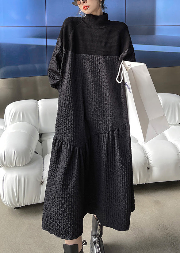 Women Black Stand Collar Patchwork Knit A Line Long Dresses Winter