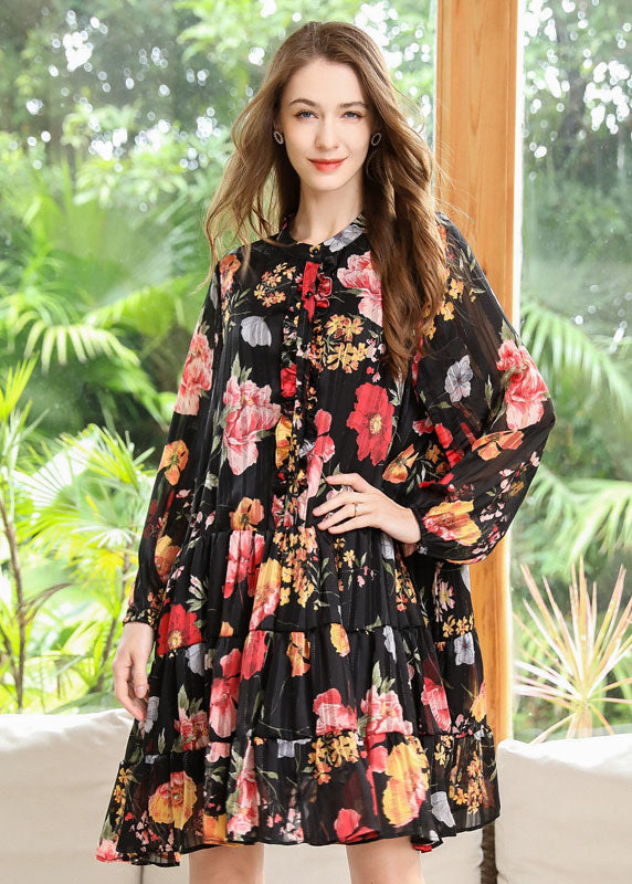 Women Black Stand Collar Patchwork Print Chiffon Pleated Dresses Spring