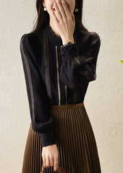 Women Black Stand Collar Striped Patchwork Chiffon Shirts Long Sleeve