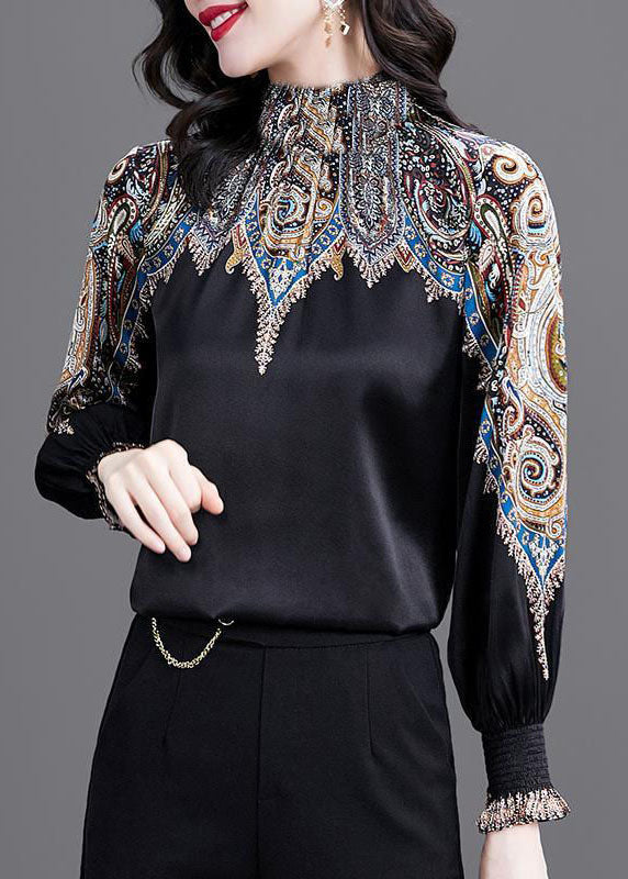 Women Black Stand Collar Cinched Print Silk Shirt Top Spring