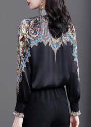 Women Black Stand Collar Cinched Print Silk Shirt Top Spring