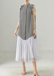 Women Black Striped Patchwork Chiffon Holiday Dress Sleeveless