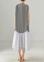 Women Black Striped Patchwork Chiffon Holiday Dress Sleeveless