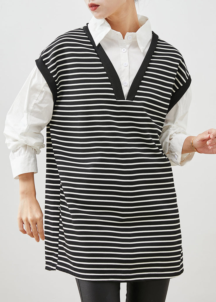 Women Black Striped Patchwork Cotton Shirt Dress Spring