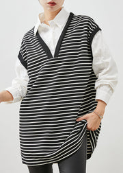 Women Black Striped Patchwork Cotton Shirt Dress Spring