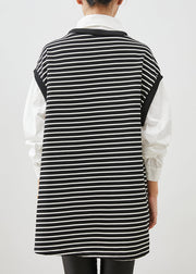 Women Black Striped Patchwork Cotton Shirt Dress Spring