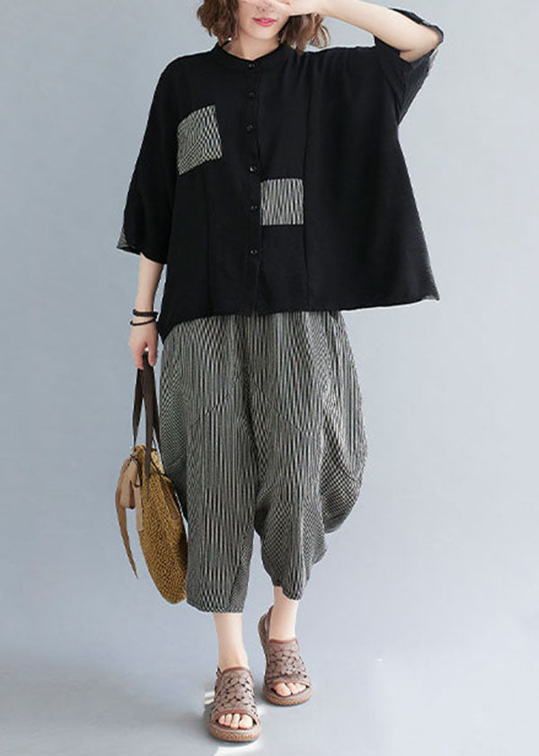 Women Black Striped Patchwork Stand Collar Tops And Pants Cotton Two Pieces Set Summer