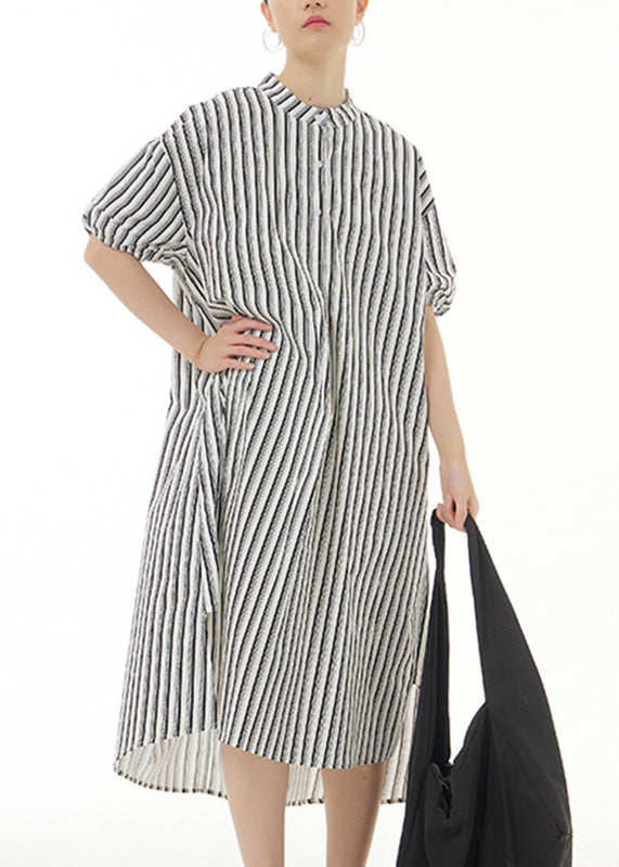 Women Black Striped Side Open Cotton Vacation Long Shirt Dresses Summer