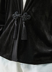 Women Black Tasseled Chinese Button Silk Velour Coats Fall