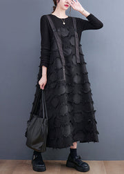 Women Black Tasseled Cotton Holiday Strap Dress Summer